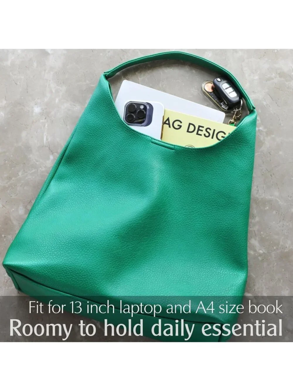 Women's Green Soft Vegan Leather Hobo Shoulder Bag Slouchy Tote Purse